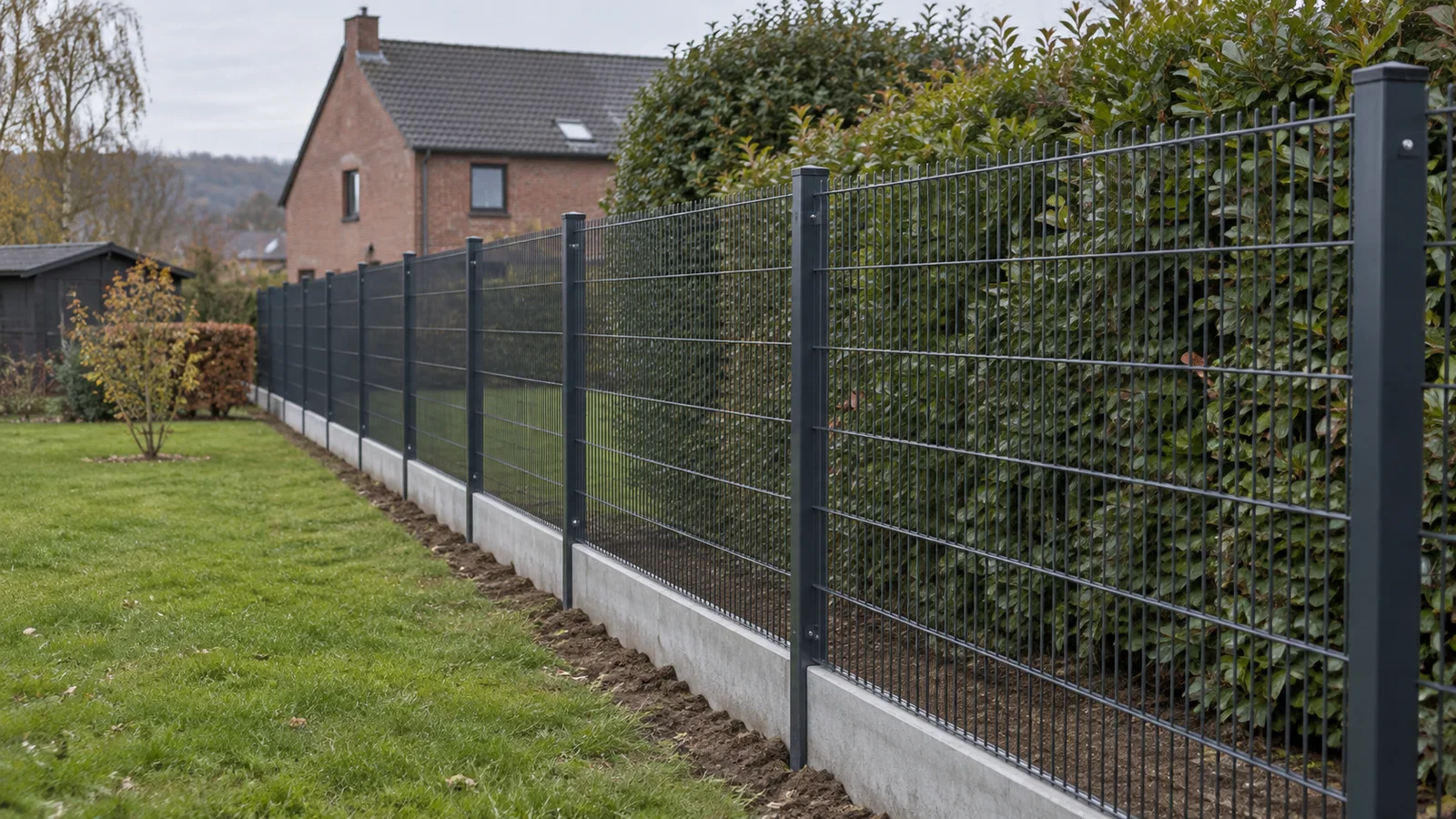 Clôture en grillage rigide fraîchement posée le long d'un jardin de particulier en province de Liège