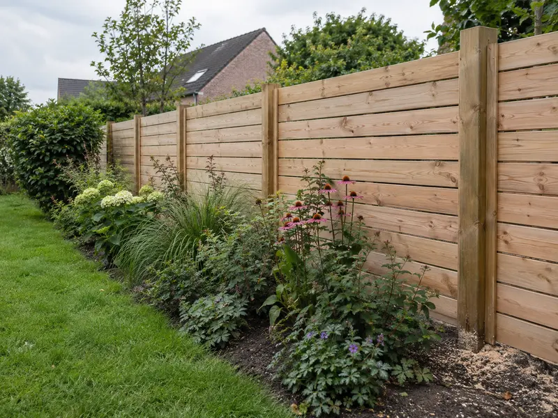 Clôture en panneaux de bois neuve bordant un jardin