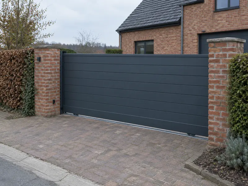 Portail coulissant en aluminium à l'entrée d'une maison en briques