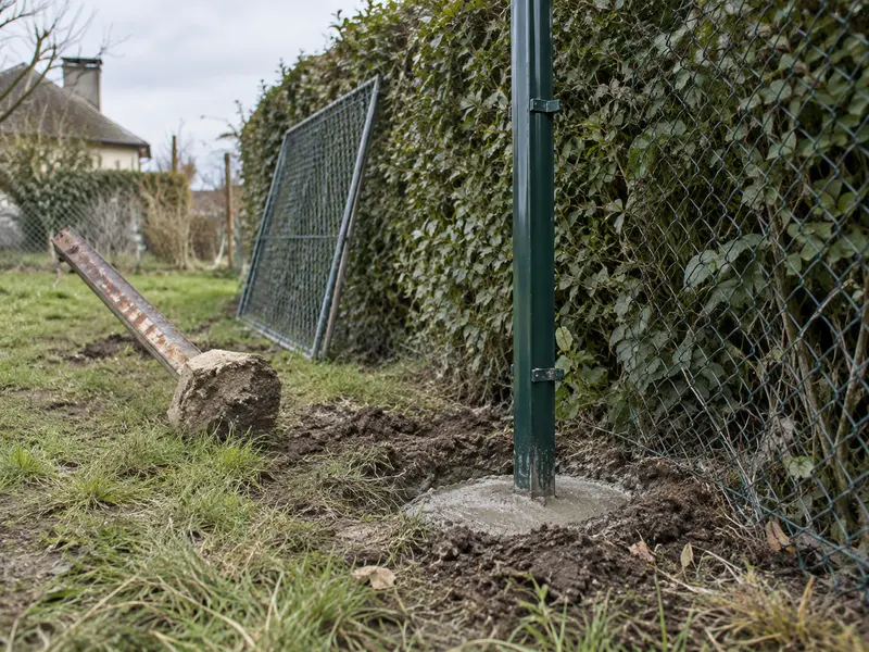 Poteau de clôture remplacé et scellé dans un jardin